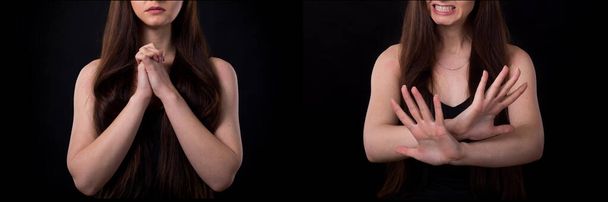 Two opposing emotions of a woman, anger and humility. Female body and hands close-up on a dark black background. Without a face. - Foto, Imagen