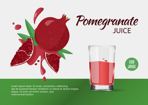 Vector illustration of fruit pomegranate with juicy splashes and glass. Design template for ads of pomegranate juice on grey background. - Vector, Imagen