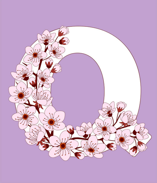Capital letter Q patterned with hand drawn doodle flowers of cherry blossom. Colorful vector illustration font with sakura twigs. Letter of alphabet English language. EPS 1 - Vector, imagen