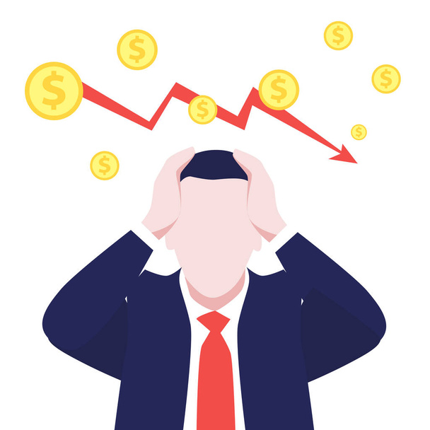 Vector illustration of man in suit in  panic with falling down dollars and graph arrow. Economic crisis, markets down, Financial crisis and bussiness in danger. World's economic recession, bancrupt - Vector, Image