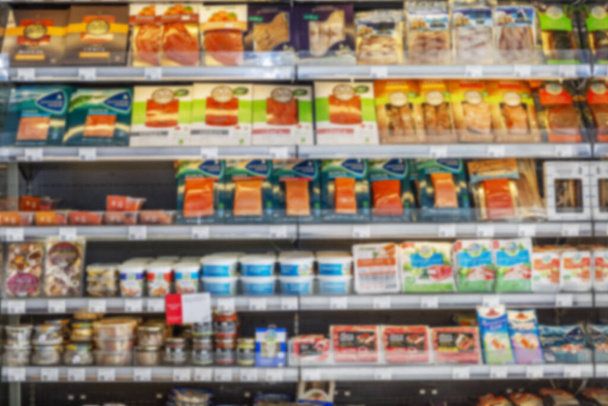 Showcase with chilled fish products in a supermarket. Blurred. Healthy eating - Photo, Image