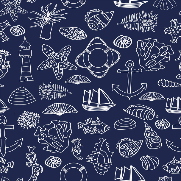 Vektor-Illustration des nahtlosen Musters mit Meeresbewohnern, Schiff, Leuchtturm. Unterwasserwelt - Vektor, Bild