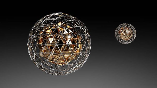 3D illustratie, juweel-achtige gouden gebroken bollen in zilveren kooien, geschikt voor behang, achtergrond, met interessante reflecties tegen een donkere achtergrond - Foto, afbeelding