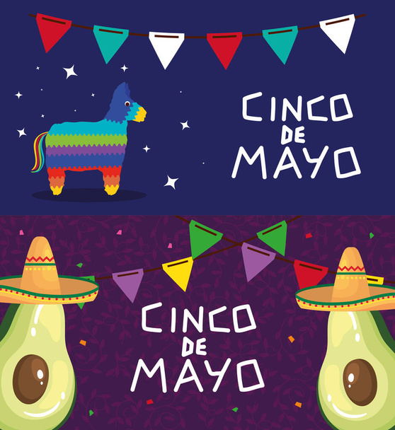Pinata mexicana y aguacates con sombreros de diseño vectorial Cinco de Mayo
 - Vector, imagen