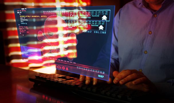 Hacker typing on the keyboard and breaks computer security on virtual hologram screen on desk. Cyber attack, cybercrime, piracy, digital safety and identity theft concept. - Photo, Image