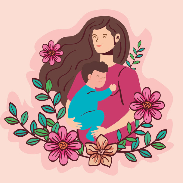 女性妊娠中の赤ちゃんの男の子に花飾り - ベクター画像