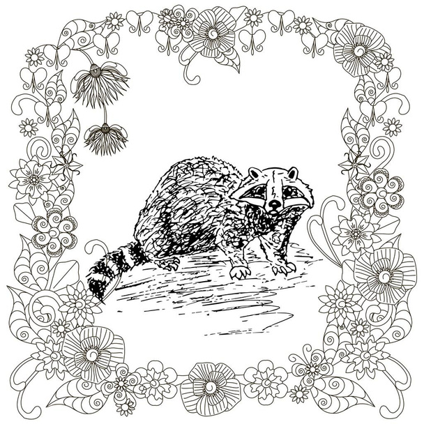 Badger in floral frame sketch. Art design ink hand drawn monochrome art design stock vector illustration for web, for print, for coloring book - ベクター画像