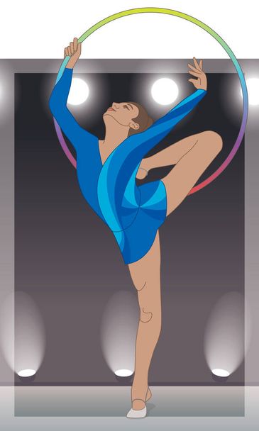 gimnasta hembra en posición de pie de la mano sosteniendo un aro por encima de la cabeza contra un fondo oscuro con focos
 - Vector, imagen