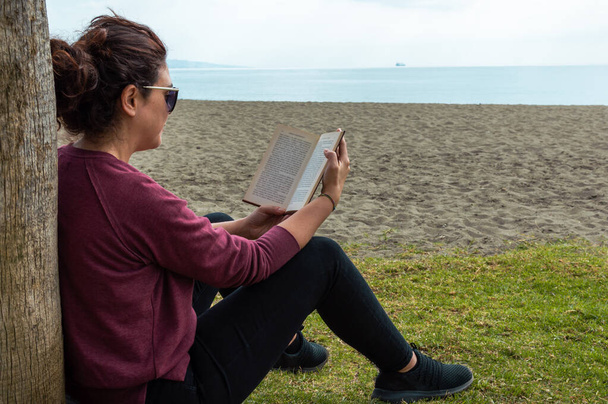 Takaisin näkymä naisten rento vaatteita istuu lähellä puunrunko ja lukeminen kirja rannalla merta ja taivasta vasten
 - Valokuva, kuva