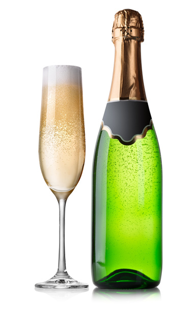 fles en glas champagne - Foto, afbeelding