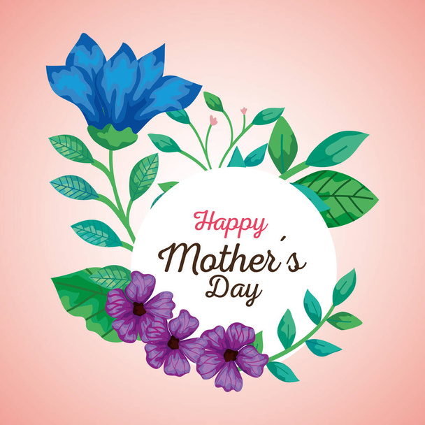 Bloemen met bladeren cirkel van gelukkige moeders dag vector ontwerp - Vector, afbeelding