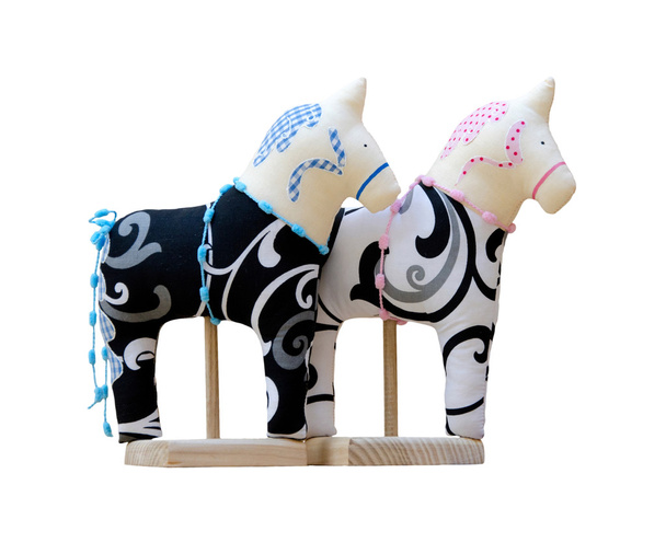 Hand made soft toy horse couple isolated on the stands - Photo, Image