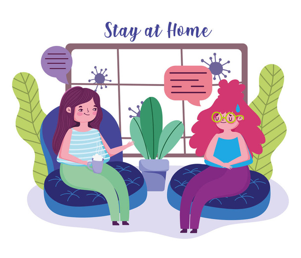 pobyt doma, mladé ženy mluví v obývacím pokoji karantény prevence, covid 19 - Vektor, obrázek