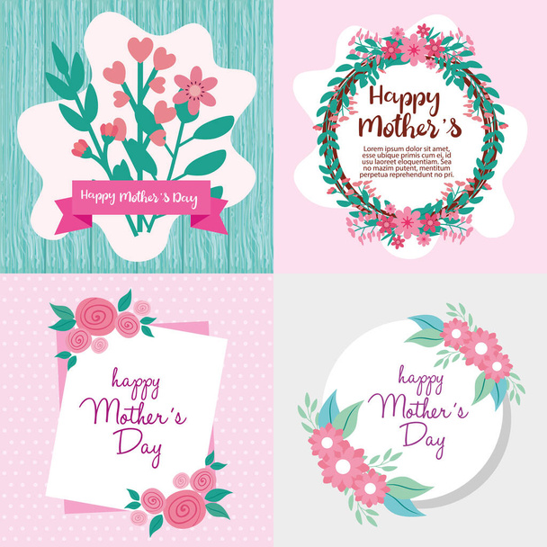 set cards of happy mother day with flowers decoration - ベクター画像