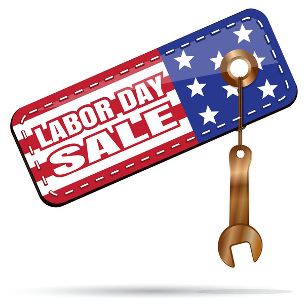 Venta del Día del Trabajo. Etiqueta de color bandera de los Estados Unidos y llave de oro. Ilustración vectorial aislada sobre fondo blanco
 - Vector, imagen