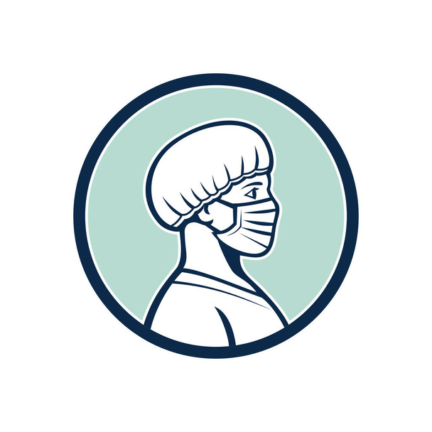 Mascot icon illustration of bust of a female nurse, medical professional, doctor, healthcare worker wearing a surgical mask and bouffant cap viewed from side profile set in circle done in retro style. - Vector, Image