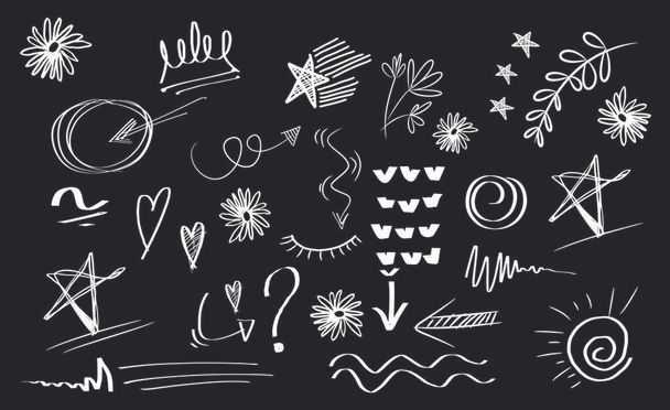 Vektori doodle joukko suunnittelun elementti. kihara swishes, swoosh, swoops, pyörre, nuoli, sydän, rakkaus, kruunu, kukka, tähti, ilotulitus, korosta tekstiä ja painotetaan elementti. konseptisuunnittelun käyttö
 - Vektori, kuva