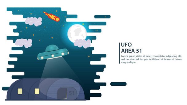 πανό, σκοτεινή φεγγαρόφωτη νύχτα, ιπτάμενος δίσκος, UFO, κρέμεται πάνω από την περιοχή υπόστεγο 51, για ιστοσελίδες και κινητές τοποθεσίες σχεδιασμού, επίπεδη διανυσματική απεικόνιση - Διάνυσμα, εικόνα