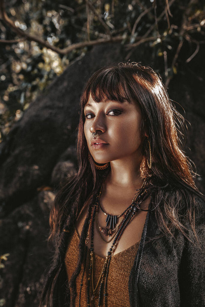 beautiful young stylish tribal style woman outdoors portrait - Zdjęcie, obraz