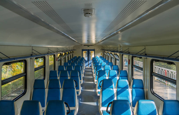 View of the interior of an electric train car without passengers in Russia - Photo, Image