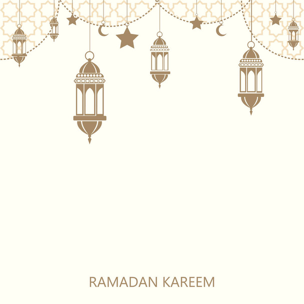 Ramadan Kareem cumprimentando fundo com ornamentos islâmicos pendurados. Vetor
 - Vetor, Imagem
