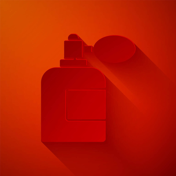 Папір вирізав пляшку з іконою атомізатора, ізольованою на червоному тлі. Ікона спрею Кельна. Чоловічі парфумерні пляшки. Паперовий стиль. Векторний приклад - Вектор, зображення