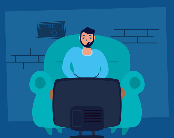 muž sledování televize pobyt doma kampaň - Vektor, obrázek