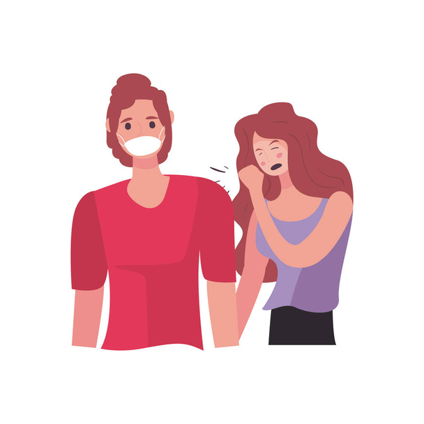 Γυναίκα και άνθρωπος με μάσκα και βήχας επίπεδη στυλ εικονίδιο διάνυσμα σχεδιασμό - Διάνυσμα, εικόνα