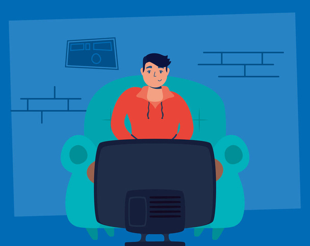 мужчина, смотрящий телевизор, остается дома
 - Вектор,изображение