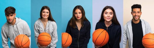 Conjunto de personas sobre fondo azul con pelota de baloncesto
 - Foto, imagen