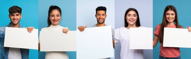 Set of people over blue background holding an empty white placard for insert a concept - Foto, afbeelding