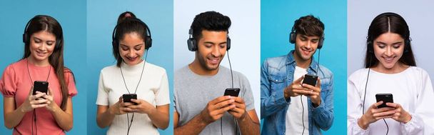 Conjunto de personas sobre fondo azul usando el móvil con auriculares
 - Foto, imagen