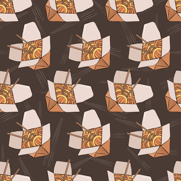 Vector seamless pattern with wok, china box, noodle. Food design elements. - ベクター画像