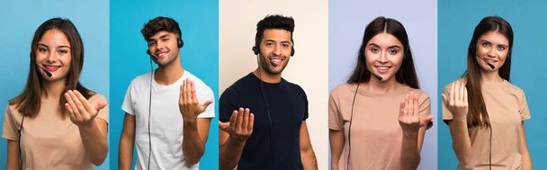 Set of people over blue background working with headset doing coming gesture - Zdjęcie, obraz
