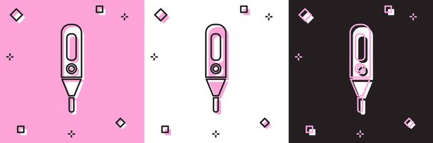 Set medizinisches digitales Thermometer für medizinische Untersuchung Symbol isoliert auf rosa und weißen, schwarzen Hintergrund. Vektorillustration - Vektor, Bild