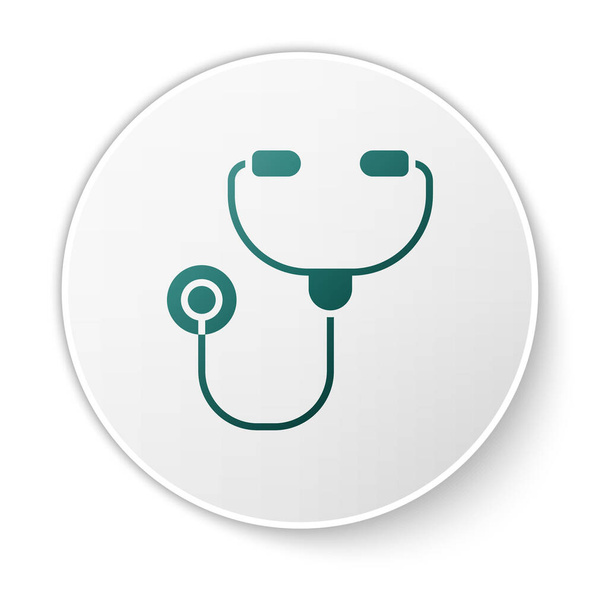 Grünes medizinisches Stethoskop-Symbol isoliert auf weißem Hintergrund. Weißer Kreis-Knopf. Vektorillustration - Vektor, Bild