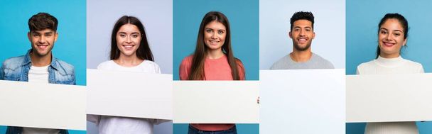 Set of people over blue background holding an empty white placard for insert a concept - Фото, изображение
