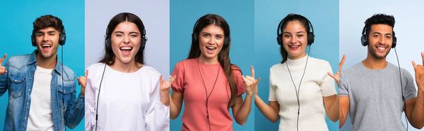 Set of people over blue background using the mobile with headphones and dancing - Foto, afbeelding