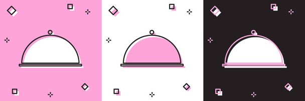 Set Cubierto con una bandeja de alimentos icono aislado en rosa y blanco, fondo negro. Bandeja y tapa. Restaurante cloche con tapa. Símbolo de utensilios de cocina. Ilustración vectorial
 - Vector, imagen