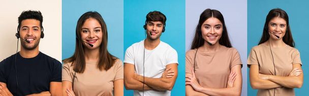 Set von Personen über blauem Hintergrund, die mit Headset arbeiten - Foto, Bild