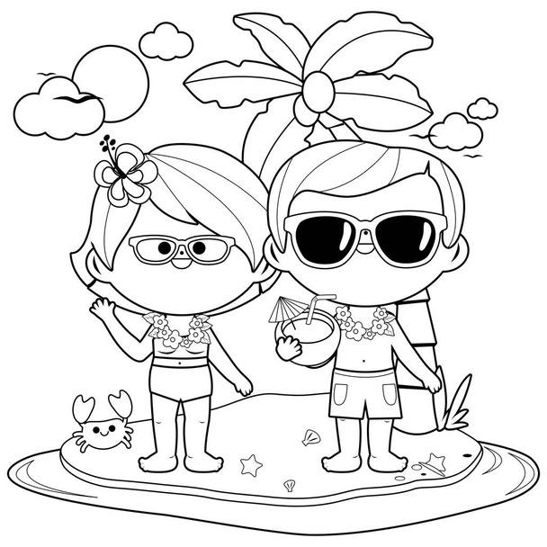 Senior couple on an island vacation. Vector black and white coloring page  - Wektor, obraz