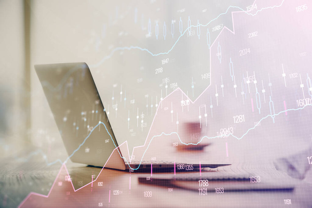 Double exposure of graph and financial info and work space with computer background. Concept of international online trading. - Фото, зображення