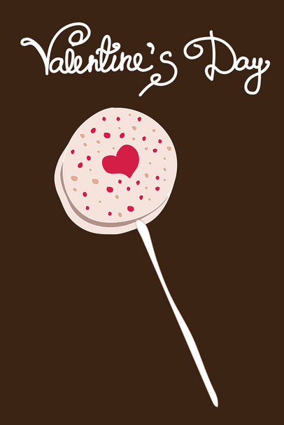 Valentim cartão de dia com bonito doodle vetor Chocolate e bolo Pops em fundo marrom, letras desenhadas à mão. Dia dos Namorados ilustração para cartões design, estampas, cartazes
 - Vetor, Imagem