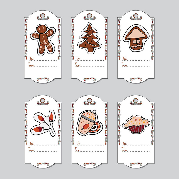 Christmas gift tag with hand-drawn Christmas symbols - gingerbread rose hip. Vector illustration isolated on grey background. - Διάνυσμα, εικόνα