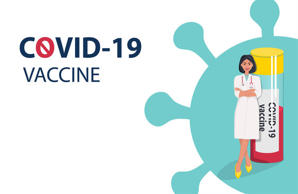 Шаблон баннера вакцинации населения Ковид-19. Врач или медсестра в халате со стетоскопом стоят с ампулой вакцины на синем фоне. Западная иллюстрация, фон
 - Вектор,изображение