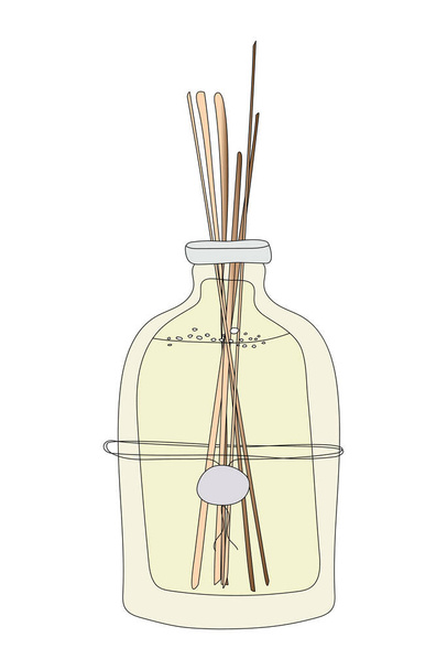 Ručně kreslený aromatický difuzor s dřevěnými tyčinkami izolovanými na bílém pozadí. Skladové ilustrace. - Vektor, obrázek