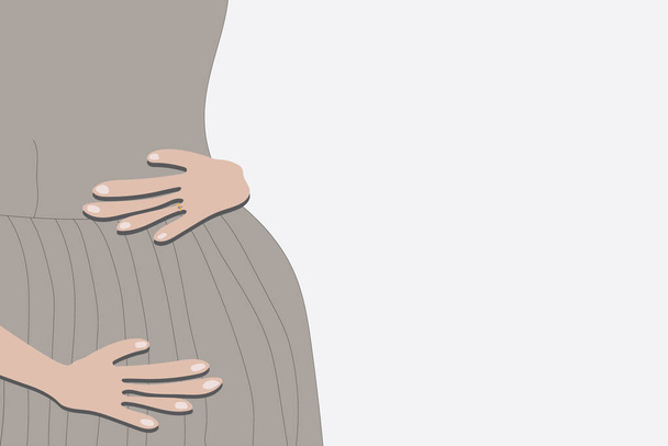 Close Up stock ilustração da mulher grávida em vestido cinza e lettering Olá BABY isolado em fundo claro. Futura mãe abraça sua barriga
 - Vetor, Imagem