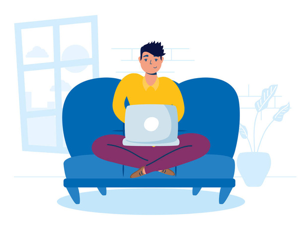 uomo che utilizza il computer portatile in divano soggiorno a casa campagna
 - Vettoriali, immagini