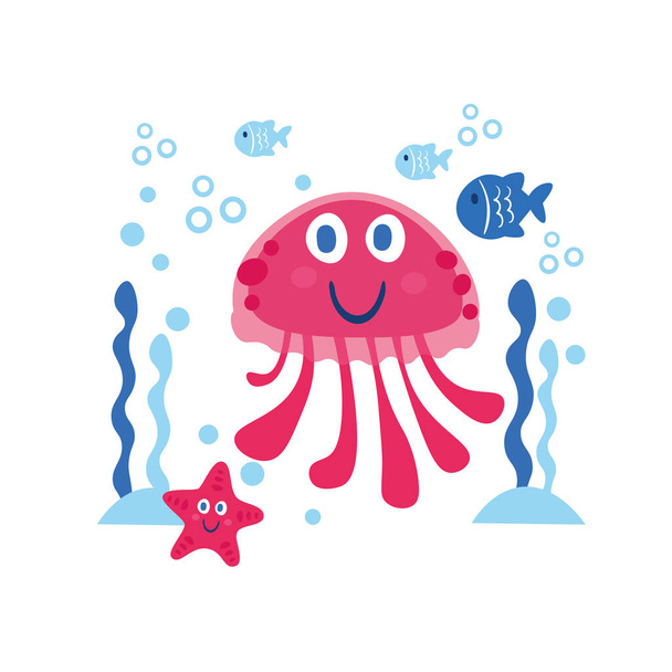 Cute color card with sea animals star, fish, jellyfish. - Vector, Image