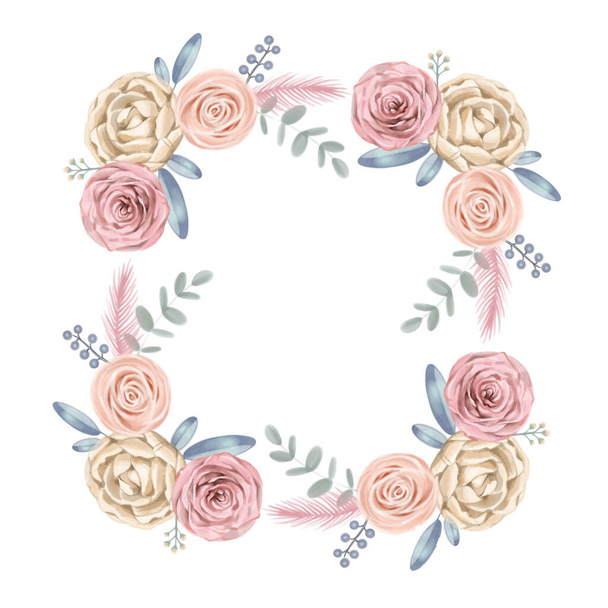 Cute wreath with leaves, white Roses, Pyrethrum and inflorescence Hydrangea, illustration in vintage watercolor style. Romantic design. - Φωτογραφία, εικόνα